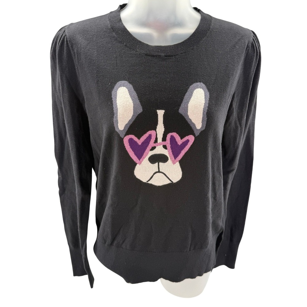 Kate Spade French Bulldog Cotton Silk Sweater Black Womens Medium NEW‎